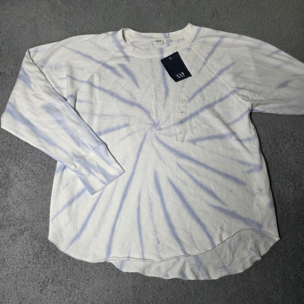 Gap Womens Large Sweatshirt Blue White Tie Dye Raglan Curved Hem 577997-07-1